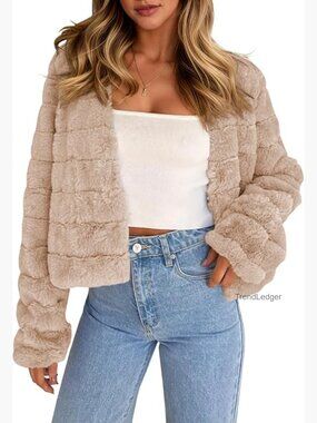 Cropped Faux Fur Jacket Long Sleeve Open Front Fluffy Short Coat